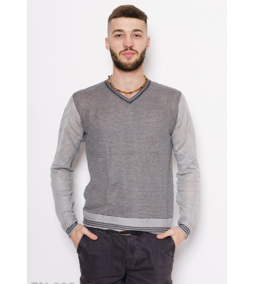 Сірий смугастий тонкий светр з V-подібною горловиною
