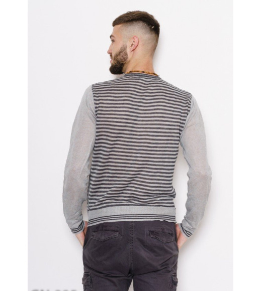 Сірий смугастий тонкий светр з V-подібною горловиною