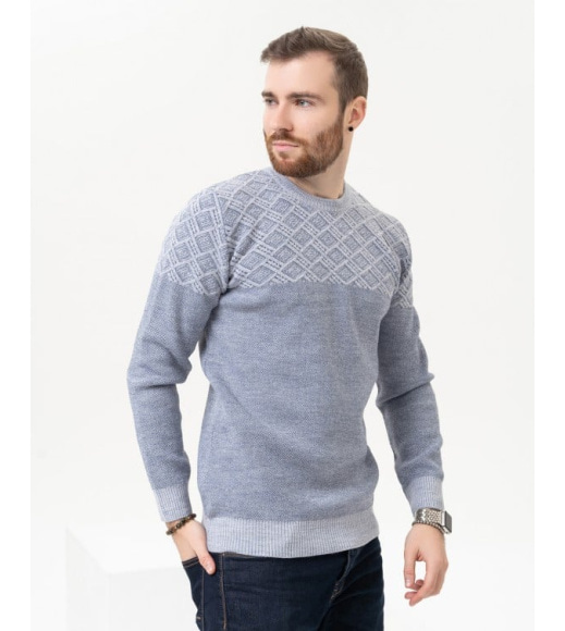 Голубой хлопковый свитер с геометрическим узором