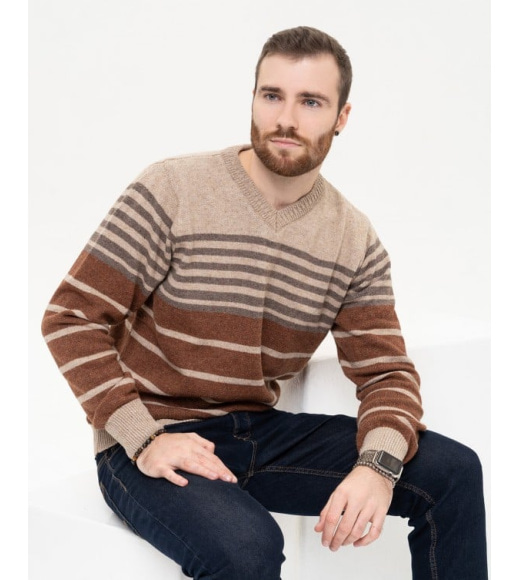 Бежевый шерстяной пуловер с полосками