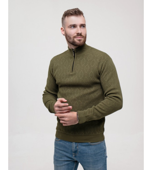 Вовняний светр кольору хакі з коміром на блискавці