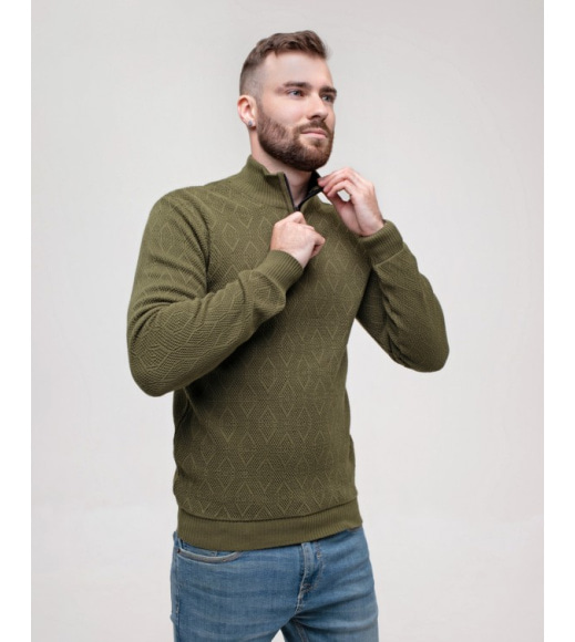 Вовняний светр кольору хакі з коміром на блискавці