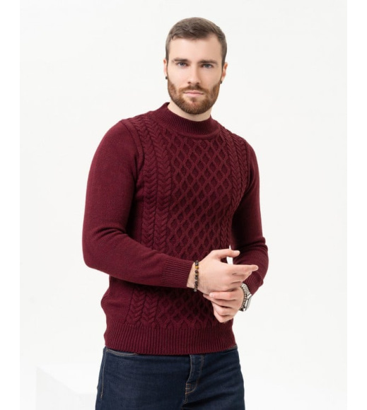 Бордовый шерстяной свитер с объемными узорами