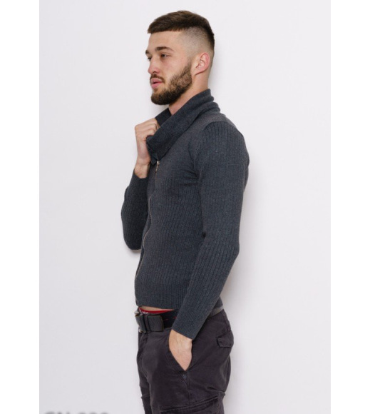 Сірий фактурний светр на блискавці з коміром-хомутом
