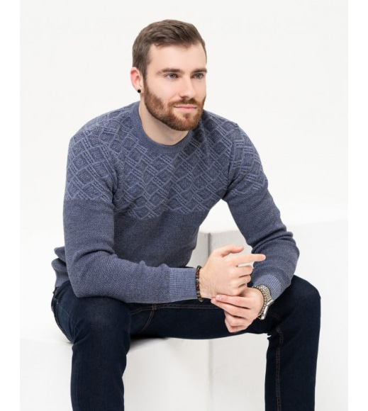 Синий хлопковый свитер с геометрическим узором