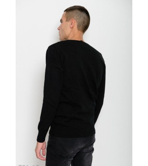 Черный шерстяной тонкий свитер с V-образной горловиной декорированной пуговицами