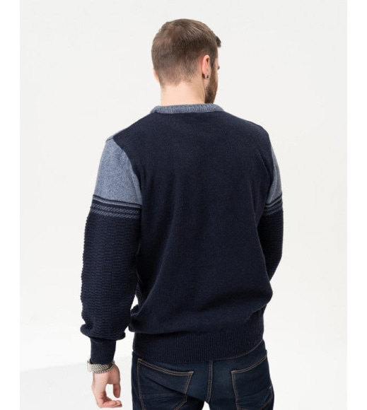 Темно-синій вовняний светр із контрастним низом