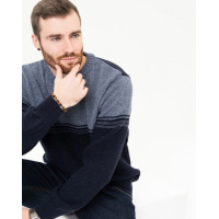 Темно-синій вовняний светр із контрастним низом