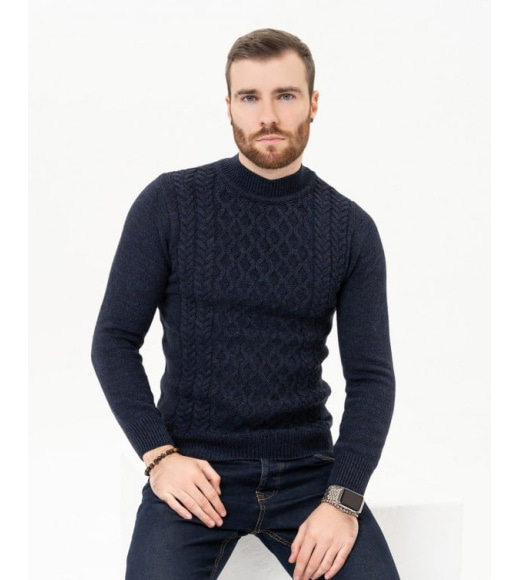 Темно-синий шерстяной свитер с объемными узорами