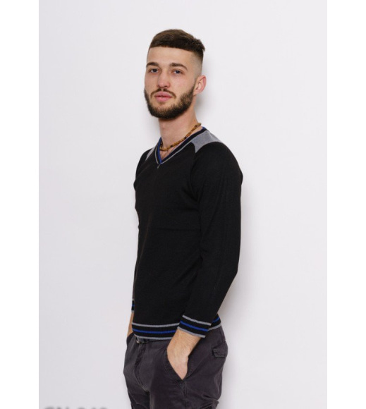 Чорний ангоровий светр з рукавами реглан та фактурними манжетами