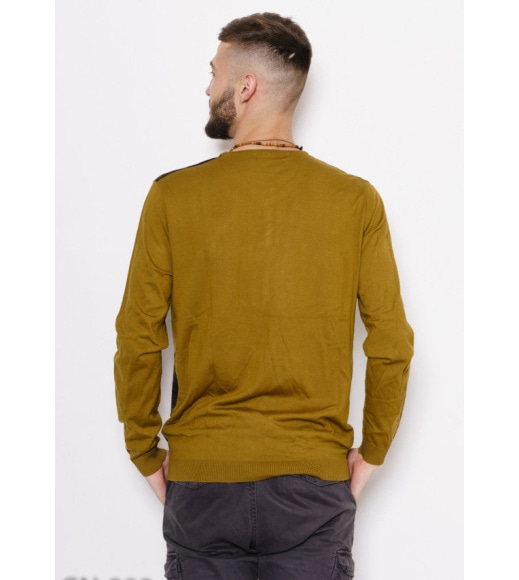 Оливковый тонкий свитер с полосатой вставкой с люрексом и аппликацией