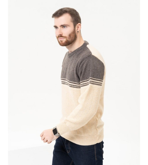 Бежевый шерстяной свитер с контрастным низом