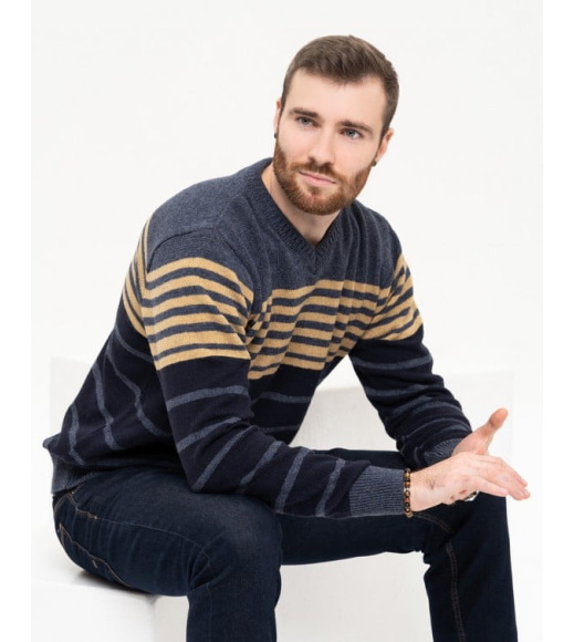 Синий шерстяной пуловер с полосками
