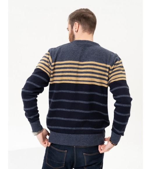 Синий шерстяной пуловер с полосками