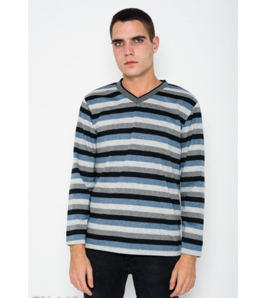 Серо-голубой ангоровый свитер в полоску с V-образной манжеткой на горловине