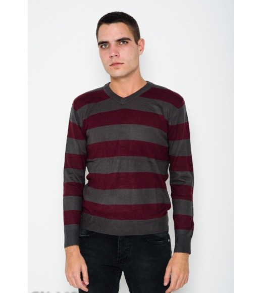 Ангоровый бордовый полосатый комфортный свитер с V-образной манжеткой на горловине