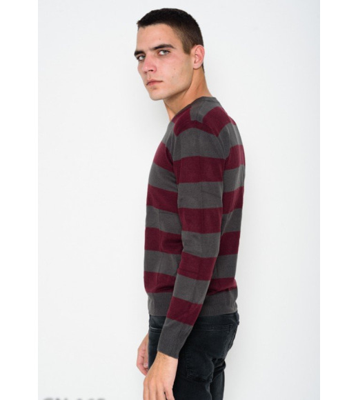 Ангоровий бордовий смугастий комфортний светр з V-подібною манжеткою на горловині