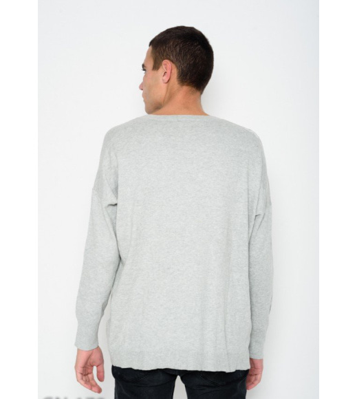 Сірий комфортний ангоровий однотонний светр з V-подібною манжеткою на горловині