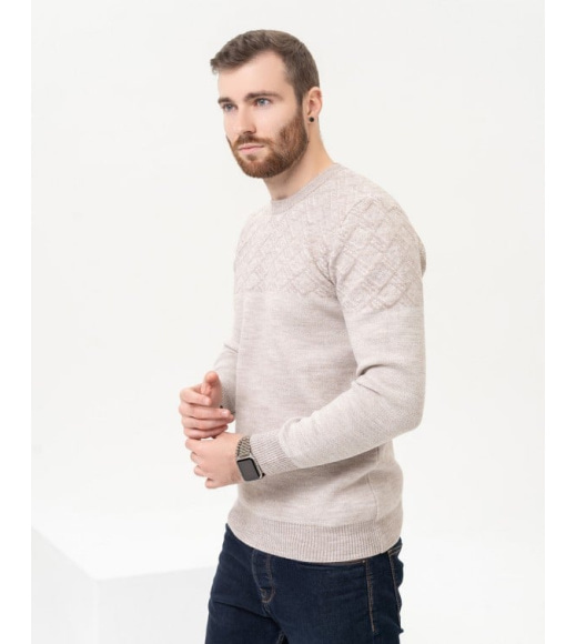 Бежевый хлопковый свитер с геометрическим узором