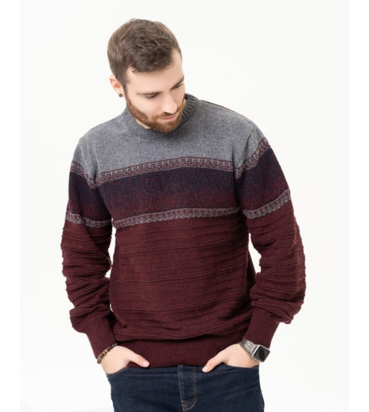 Бордовый шерстяной свитер со вставками