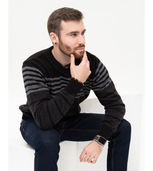 Черный шерстяной пуловер с полосками
