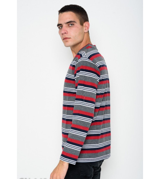 Темно-сірий смугастий ангоровий светр з V-подібною манжеткою на горловині