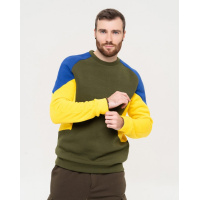 Теплый свитшот цвета хаки с сине-желтыми вставками