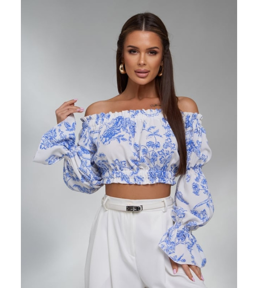 Бело-голубой принтованный кроп-топ из льна