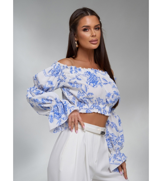 Бело-голубой принтованный кроп-топ из льна