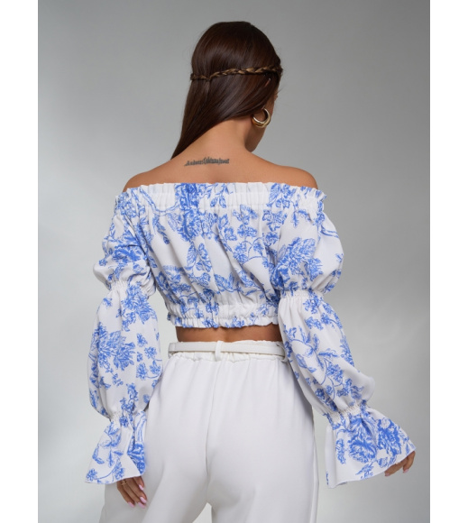 Бело-голубой принтованный кроп-топ из льна