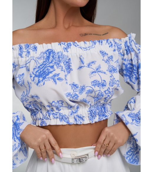 Бело-голубой принтованный кроп-топ из льна