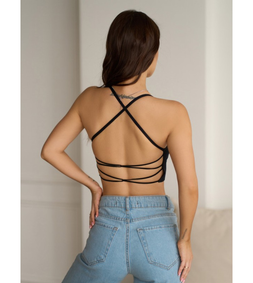 Черный трикотажный топ на шнуровке