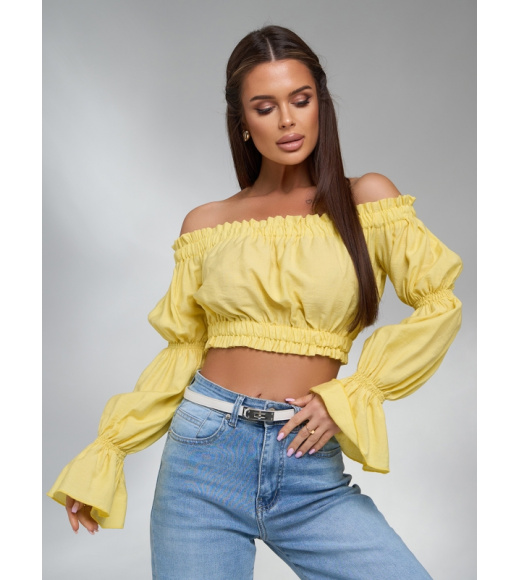 Желтый льняной топ с длинными рукавами и жаткой