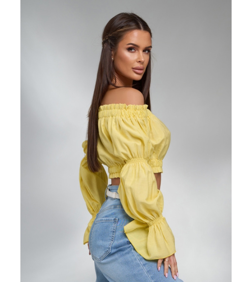 Желтый льняной топ с длинными рукавами и жаткой