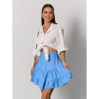 Голубая льняная мини юбка с воланами