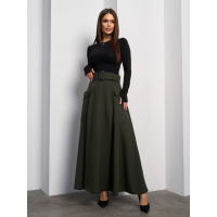 Расклешенная юбка цвета хаки на запах с карманами