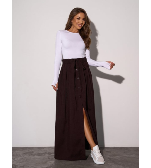 Темно-коричневая длинная вельветовая юбка на пуговицах