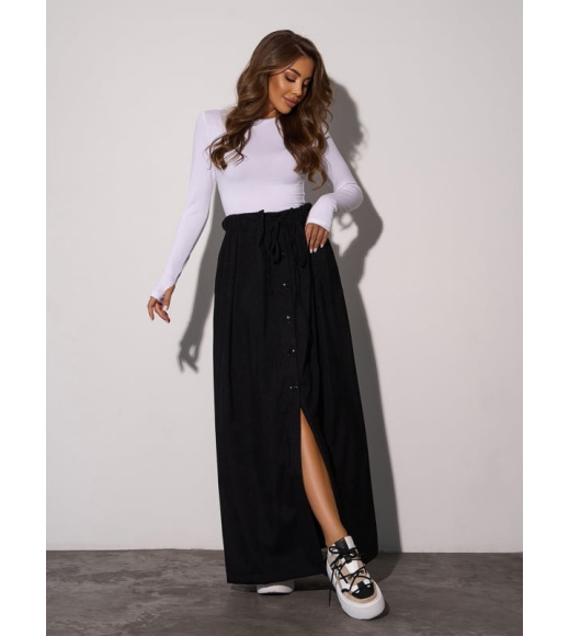 Черная длинная вельветовая юбка на пуговицах