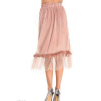 Розовая велюровая юбка с сеткой и полосой меха