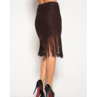 Темно-коричневая теплая юбка с бахромой и перфорацией