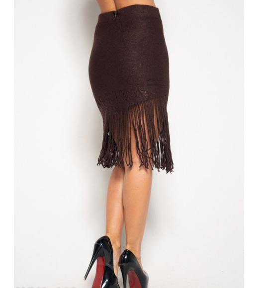 Темно-коричневая теплая юбка с бахромой и перфорацией