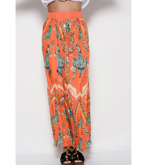 Оранжевая длинная юбка в пол с плиссировкой и принтом