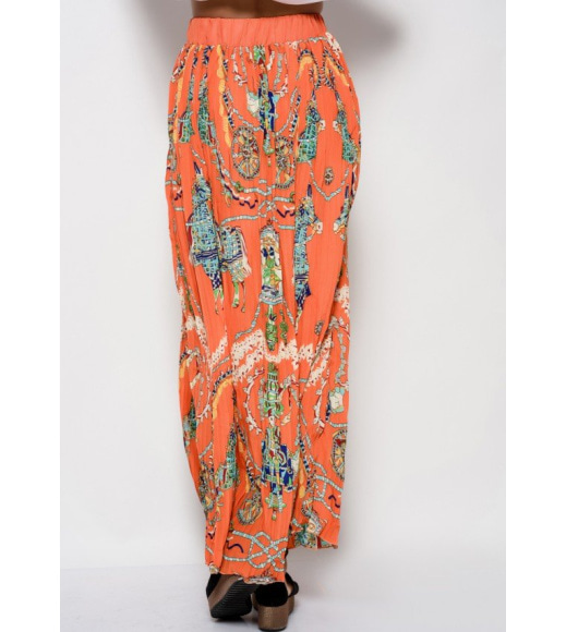 Оранжевая длинная юбка в пол с плиссировкой и принтом