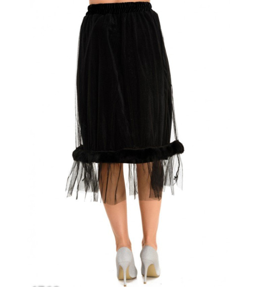 Черная велюровая юбка с сеткой и полосой меха