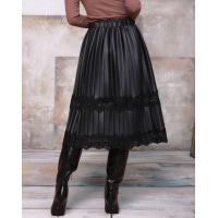 Черная кожаная юбка плиссе с кружевом