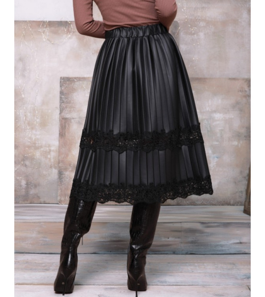 Черная кожаная юбка плиссе с кружевом