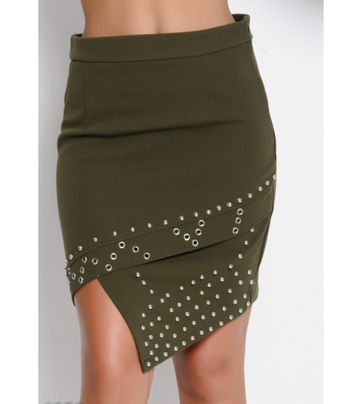 Асимметричная мини юбка цвета хаки с люверсами и заклепками