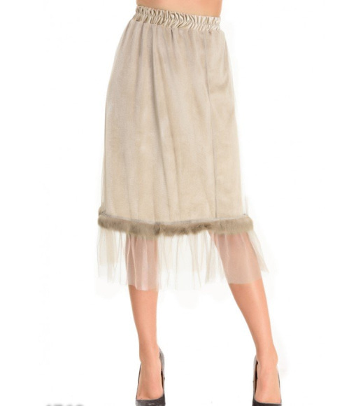 Бежевая велюровая юбка с сеткой и полосой меха