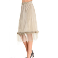 Бежевая велюровая юбка с сеткой и полосой меха