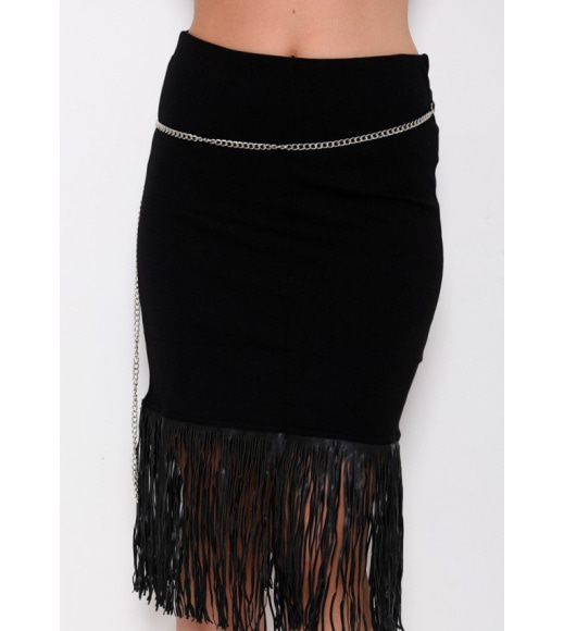 Черная эластичная облегающая юбка с бахромой из эко-кожи